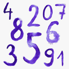 Number 1, 2, 3, 4, 5, 6, 7, 8, 9, 0 illustration - hand drawn watercolor alphabet symbols isolated on background