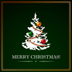 Square Christmas and New Year design with hand drawn Christmas tree, realistic Christmas balls and garland on dark green background. Vector illustration for banner, greeting card, cover, present box