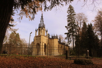gothic cathedral in the autumn forest