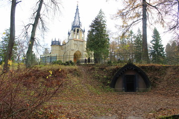 gothic cathedral in the autumn forest
