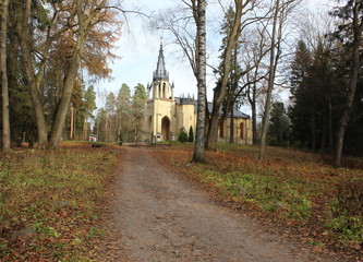 Fototapeta na wymiar gothic cathedral in the autumn forest