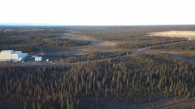 Aerial Pan Reveals HAARP facility and surrounding wilderness 4k. Gakona, Alaska.