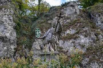 Nepomuk statue at Weltenburg abbey, monastery near Kelheim, Bavaria, Germany at Danube river...
