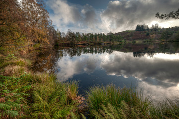 Fototapeta na wymiar Stunning landscape image of Tarn Hows in Lake District during beautiful Autumn Fall.
