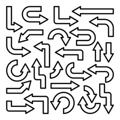 Black Line Arrows Set on White Background. Arrow, Cursor Outline Icon. Vector Pointers Collection. Back, Next Web Page Sign. 