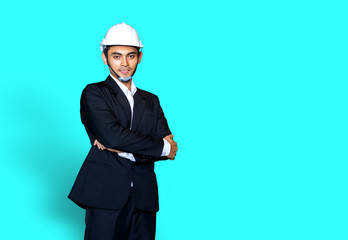 Windmill engineer or businessman standing on Blue background
