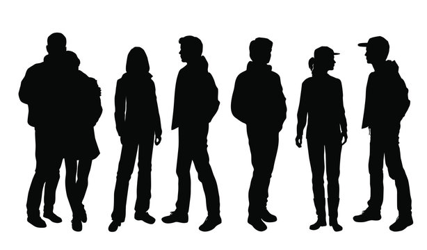 Vector silhouettes of  men and a women, a group of standing business people,couple and profile,  black color isolated on white background