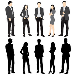 Silhouettes of men and women standing, cartoon character, group business people, vector illustration, flat designe icon, isolated on white background
