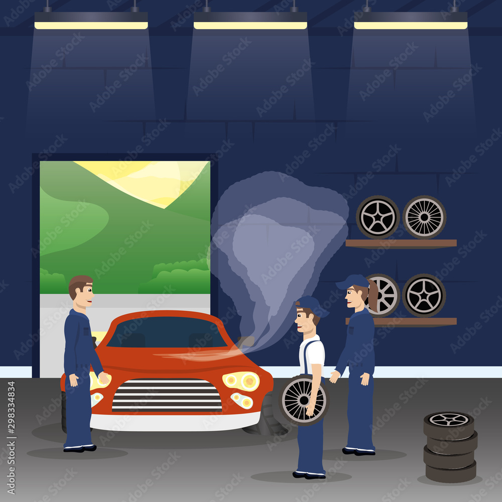 Poster team of mechanics working characters