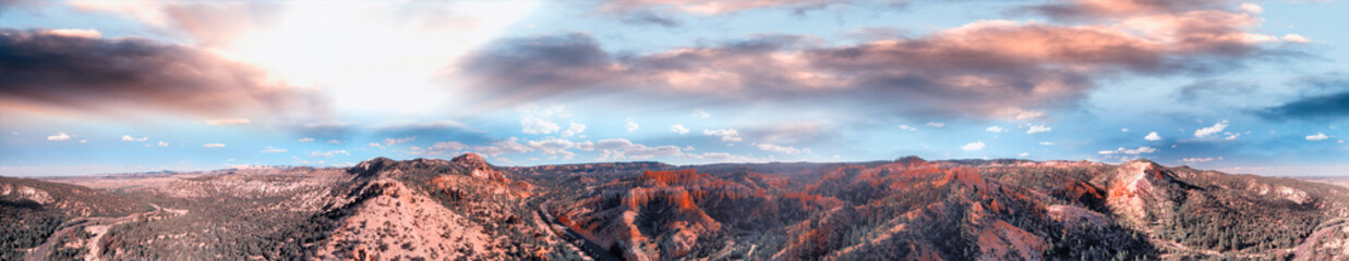 Fototapeta na wymiar Panoramic sunset aerial view of amazing Bryce Canyon Mountains and Rock Formations in summer