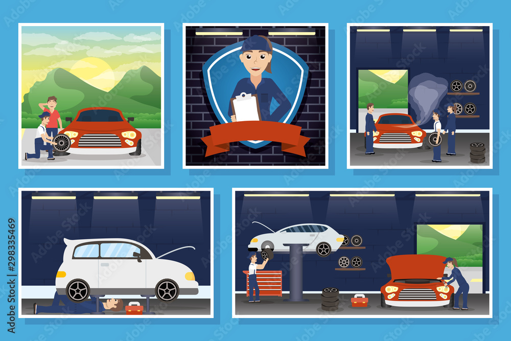 Poster set of scenes with mechanics working characters