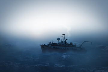 3D Illustration of a lifeboat with refugees on stormy sea. Dark colour and mysterious atmosphere. 3D Render.