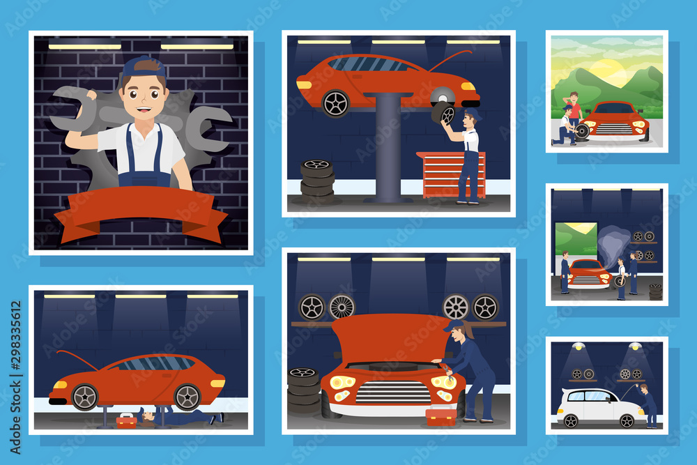 Poster set of scenes with mechanics working characters