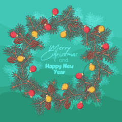 Hand drawn Christmas wreath of fir branches Vector.