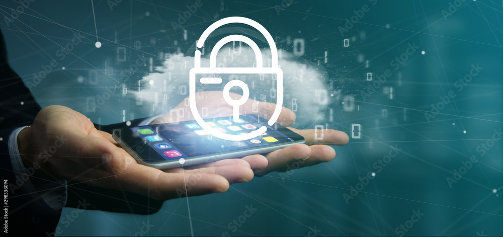 Poster businessman holding a binary cloud with internet security padlock 3d rendering