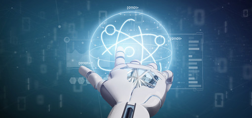 Cyborg holding an atom icon surrounded by data