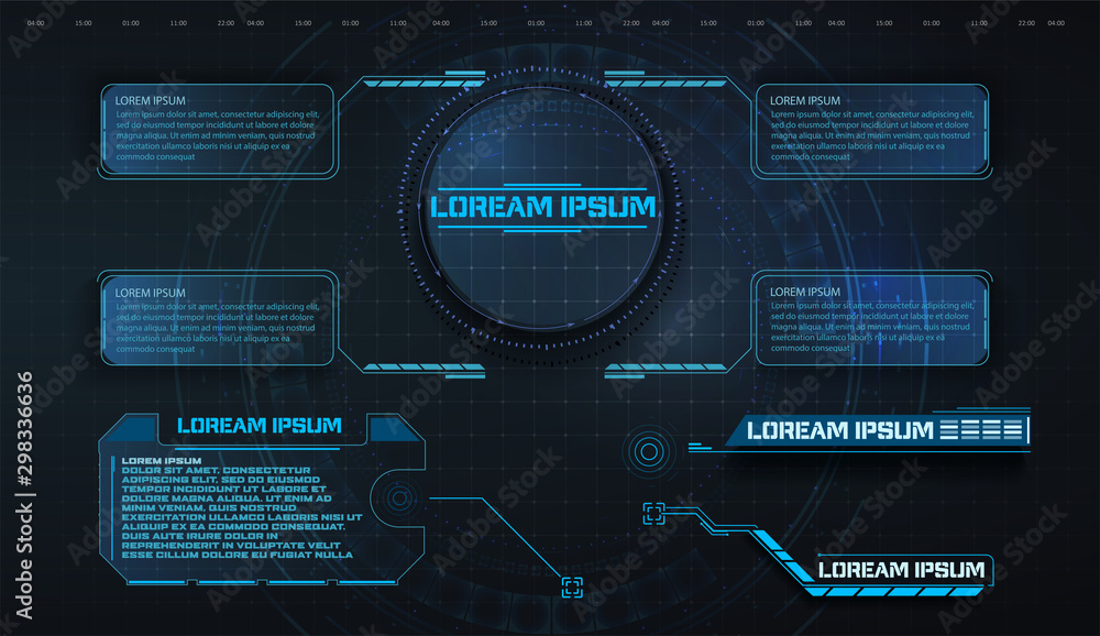 Poster HUD, UI, GUI futuristic frame user interface screen elements set. Set with call outs communication. Abstract control panel layout design. Virtual hi Scifi technology gadget interface for game app