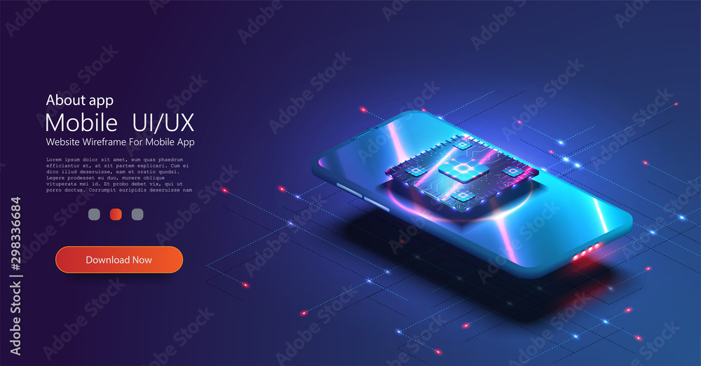 Fototapete futuristic microchip processor with backlight on the phone in blue. quantum phone, big data processi