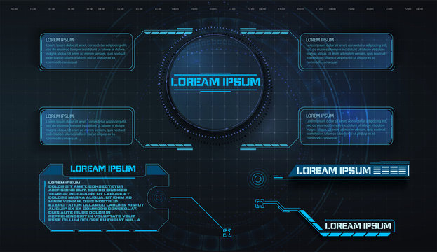 HUD, UI, GUI futuristic frame user interface screen elements set. Set with call outs communication. Abstract control panel layout design. Virtual hi Scifi technology gadget interface for game app