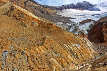 The slope of the Mutnovsky volcano in Kamchatka Peninsula. Russia