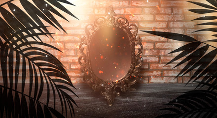 Fototapeta premium Mirror magic, fortune telling and fulfillment of desires. Fantasy with a mirror, dark room, magical power, night view.