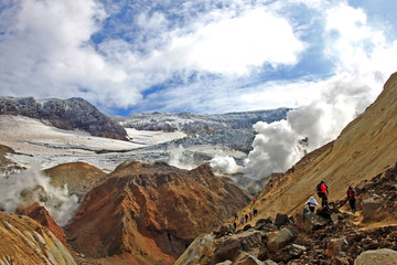 The ascent of tourists to the Mutnovsky volcano, Russia