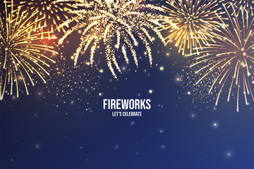 Festive fireworks. Realistic colorful firework on blue abstract background. Multicolored explosion. Christmas or New Year greeting card. Diwali festival of lights. Vector illustration. - obrazy, fototapety, plakaty