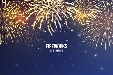 Foto op Canvas Festive fireworks. Realistic colorful firework on blue abstract background. Multicolored explosion. Christmas or New Year greeting card. Diwali festival of lights. Vector illustration. © 32 pixels