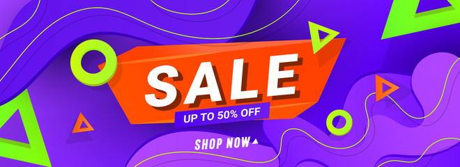 Big sale design banner with plastic liquid gradient wave and triangular gradient volumetric shapes. Season special offer vector illustration.