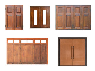 Real wooden window and door frame set isolated on white background, old various Thai style double wood panes for interior house design element