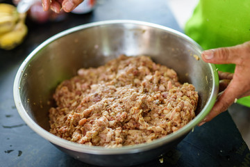 Ground pork in a stainless steel bowl,thai food