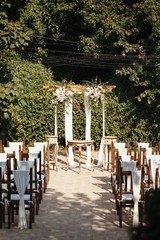 Decorated wedding venue in a garden.