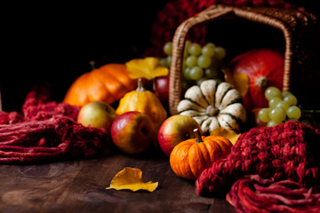 Naklejka na ściany i meble Autumn, harvest time. Composition with ripe organic pumpkins, apples, red scarf and yellow leaves. Basket on background. Low key, dark and moody, bright warm fall colors