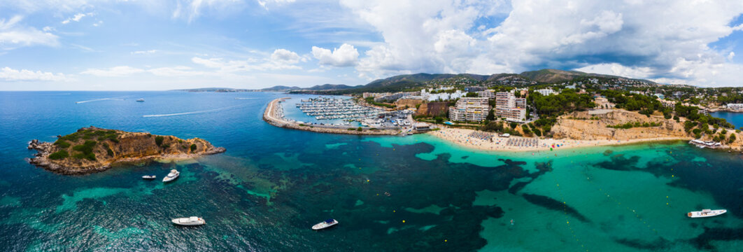 Spain, Balearic Islands, Mallorca, Aerial view of Portals Nous, Harbor Puerto Portals, beach Platja de S'Oratori and Illa d'en Sales