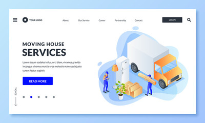 Move home, relocation concept. Workers of moving service load refrigerator, furniture into truck. Vector illustration