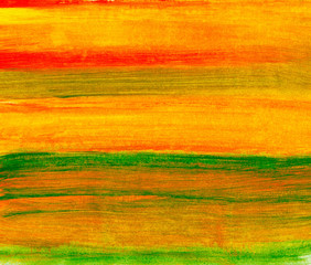 Abstract background, stripes of gold, orange, green and brown acrylic paints.  Watercolor  hand drawn illustrations.