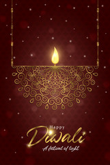 Happy diwali festival card gold indian diya candle