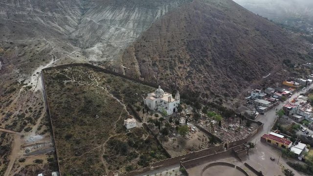 Real de Catorce chappel of Guadalupe in San Luis Potosí. Mexico tourism destination shot by drone. Aerial view of mexican landscape.