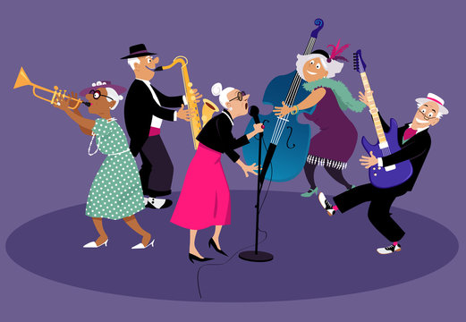 Senior citizens jazz band performing on stage, EPS 8 vector illustration