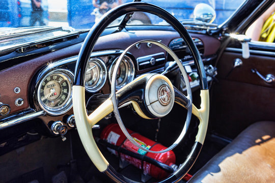 Interior of vintage car model Alfa 1900 Super produced by the Alfa Romeo car manufacturer and used by Italian Police, Rome,Italy - September 30, 2018