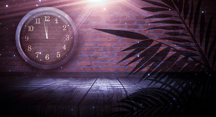 Obraz na płótnie Canvas Dark room. Old brick wall. Clock on the brickwork, night view. Night scene with a clock on the wall. Festive background.