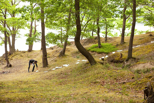 Germany, businessman picking up sheets of paper from forest soil