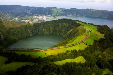 Beautiful landscape sceneries in Azores Portugal. Tropical nature in Sao Miguel Island, Azores. 