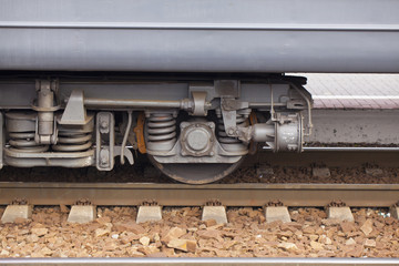 Obraz na płótnie Canvas A pair of wheels of the train closeup