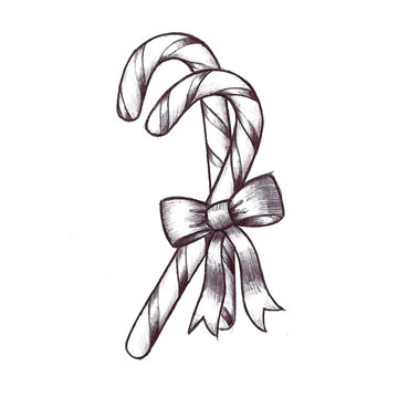 Christmas candy cane with bow illustration that is hand drawn in black on white background, cute fun holiday tradition food