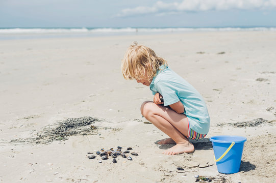France, Brittany, Finistere, Pointe de la Torche, boy playing with seashells on the beach