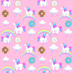 Cute unicorns and rainbow. Seamless vector pattern.
