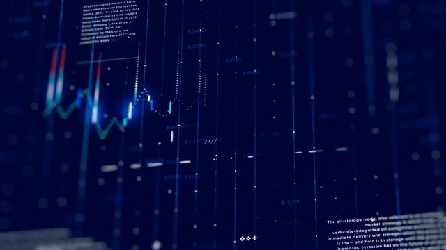 Financial business chart with diagrams and stock numbers showing profits and losses over time dynamically