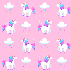 Cute unicorns and clouds on a pink background. Vector seamless pattern