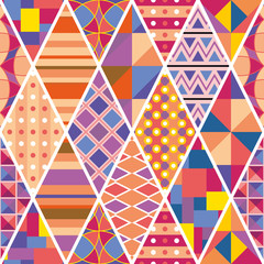 Bright colorful seamless patchwork pattern with ethnic motifs. Vector design.